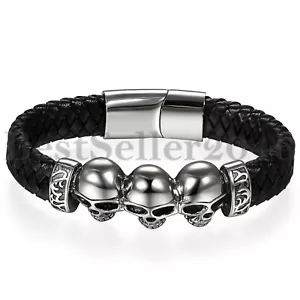 Punk Men Women Black Leather Braided Skull Stainless Steel Magnetic Bracelet 7" - Picture 1 of 5