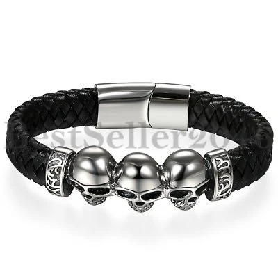 Punk Men Women Black Leather Braided Skull Stainless Steel Magnetic Bracelet 7" - Image 1 of 4