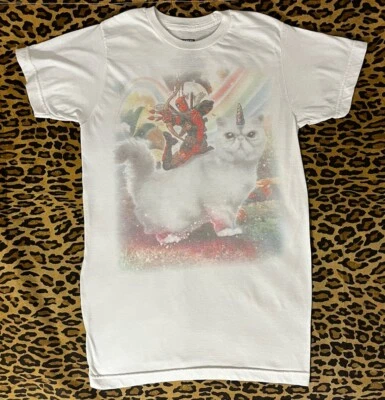 Marvel Deadpool On A Unicorn Cat White Graphic Short Sleeve T-Shirt White Small - Image 1 of 4