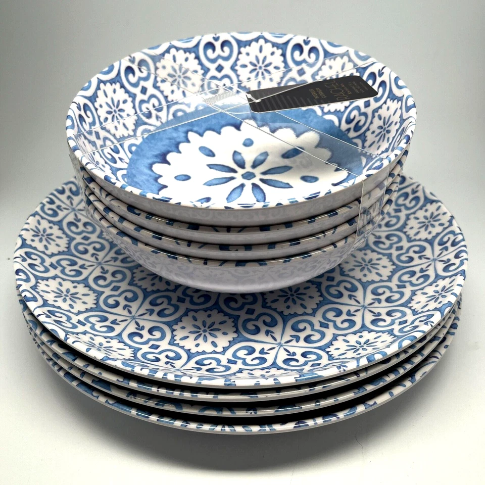 8 Pc Blue Malta Tile Pattern Melamine Plate & Bowl Set 4 Plc Settings Rachel Ray - Image 1 of 4