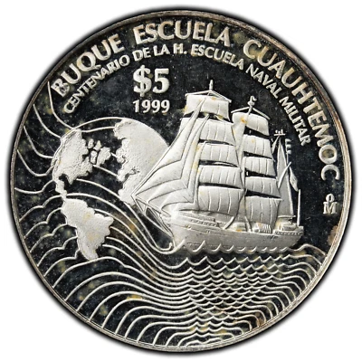 Mexico 1999 5 Pesos Silver Coin Buque Escuela Cuauhtemoc - Proof - Image 1 of 2