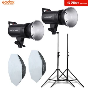 2x Godox SK300II 2.4G Studio Strobe Flash + 95cm Bowens Softbox + Light Stand - Picture 1 of 10