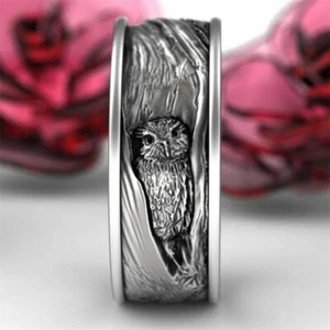 Silver Etched Owl 8MM Stainless Steel Titanium Band US Size 6 -14 Free Gift Box - Picture 1 of 5