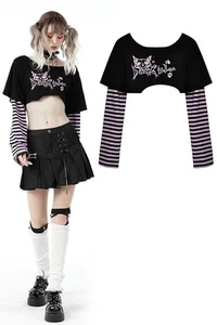DARK IN LOVE Women Punk Gothic Sexy Cat Pattern Stripe Sleeves Crop Top T-Shirt - Picture 1 of 19