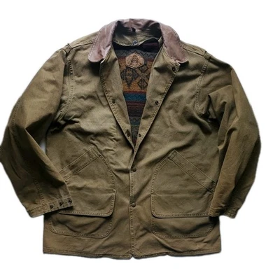 VTG Woolrich Barn Chore Coat Aged Tan Southwest Wool Aztec Blanket Lined USA L - Image 1 of 4