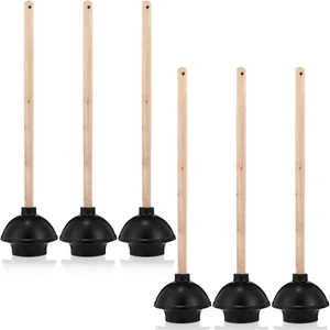 6 Pcs Rubber Toilet Plunger with Double Thrust Force Suction Cup Long Wooden Han - Picture 1 of 7