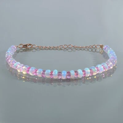 Pulsera única hecha a mano natural de ópalo de fuego etíope y cadena de cuentas de morganita rosa Foto 1 de 4