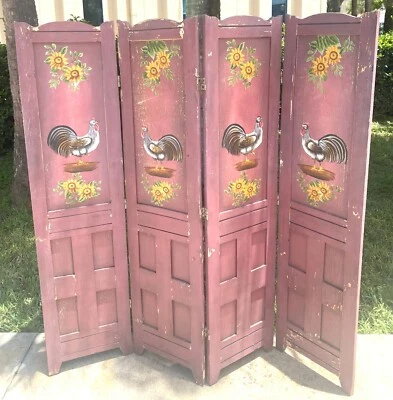 61” Vintage 4 Panels Hand Painted Room Divider Color Lavender/purple - Image 1 of 4