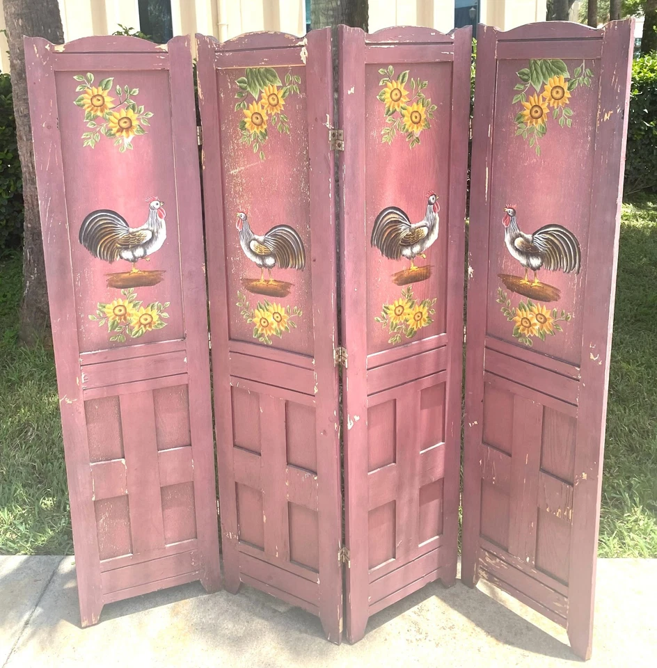 61” Vintage 4 Panels Hand Painted Room Divider Color Lavender/purple - Image 1 of 4