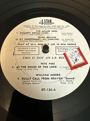 PROMO EP 4 Star 10” 78/33 LP - Miller Bros Wade Holmes Pete Pike William Moore - Image 1 of 4