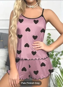Womens Pajamas Set MEDIUM Sleepwear Cami Tops Shorts Lingerie PJs Hearts Sexy - Picture 1 of 6