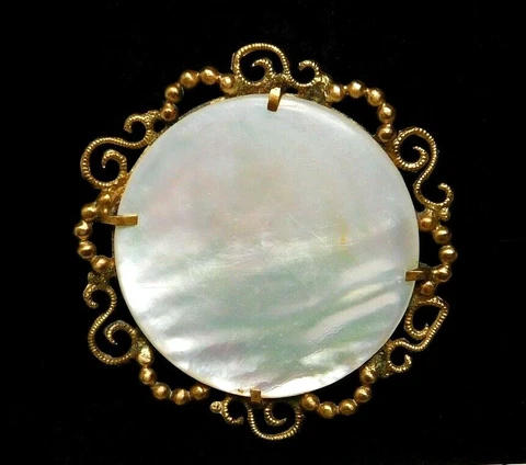 LARGE 19th C.Antique BUTTON Pearl Shell w/a Brass Filigree Border Paris NICE #MM Cover