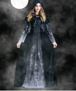 Gothic Halloween Witch Vampire Costume Ghost Black Long Dress W/ Hooded Cape - Picture 1 of 3
