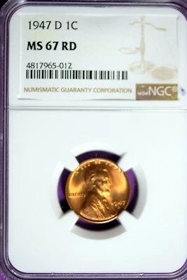 1947 - D NGC MS67RD LINCOLN CENT!!  #B33107 - Image 1 of 2