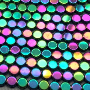 Hematite 8mm Coin Metallic Purple Green Semi Precious Stone Q28 Beads per Pkg - Picture 1 of 2
