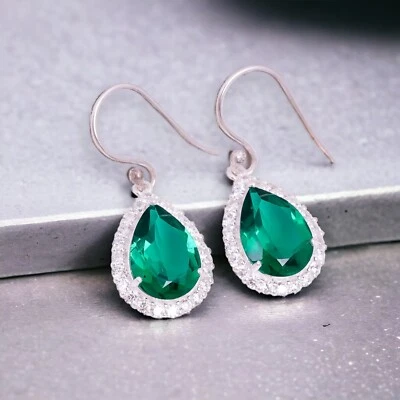 Rare Emerald Green Gemstone Drop/Dangle Charm Earrings 925 Silver For Women. - Image 1 of 4