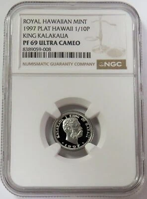 1997 PLATINUM HAWAII KING KALAKAUA 1/10 oz HAPAUMI PUELA NGC PF 69 UC - Image 1 of 2