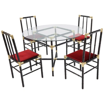 Juego de mesa de comedor de vidrio de latón sintético bambú con 4 sillas Billy Haines Foto 1 de 4
