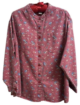 Camisa Denim Vintage Cherokee 26W Roja Floral Manga Larga 100% Algodón Cottagecore Foto 1 de 4