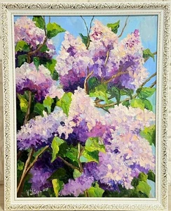 Framed Original Oil Painting Lilac Flowers Spring Impressionism Landscape Art - Picture 1 of 13