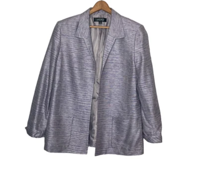 Kasper Size 16 Purple Silver Striped Silk Blend Open Front Elegant Blazer Jacket - Image 1 of 4