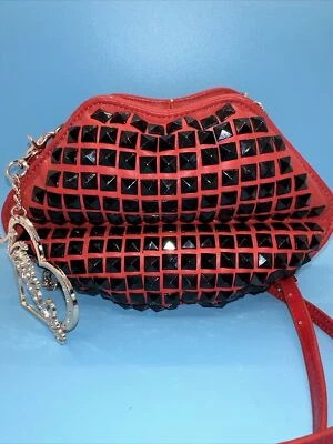 HTF NICOLE LEE USA RED LIP SHAPED PURSE WITH BLACK STUDS CHAIN STRAP ~ RARE! - Image 1 of 4