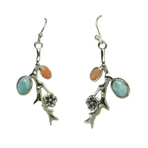 EARRINGS Sterling Silver Branch Flower Earrings w Larimar & Coral Stones by S&F - Picture 1 of 5