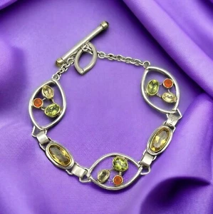 925 Sterling Multi Gemstone Semi Precious Stone Toggle Bracelet 8” - Picture 1 of 11