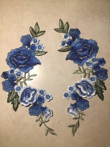 #8 Blue & White floral embroidery SEW ON patch flowers reverse mirror image￼ - Picture 1 of 3