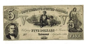 Sept 2 1861 CONFEDERATE STATES OF AMERICA CSA $5 Currency T-37  2nd Series - Picture 1 of 2