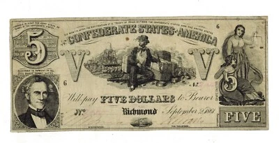 Sept 2 1861 CONFEDERATE STATES OF AMERICA CSA $5 Currency T-37  2nd Series - Image 1 of 2