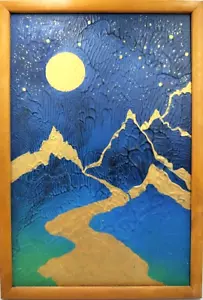 Pintura al óleo, paisaje dorado, marco de madera acrílico yeso diseño de hogar dorado - Imagen 1 de 8