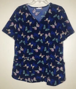 Blusa Médica XL Azul Marino y Mariposas Coloridas Manga Corta Doble Bolsillos Frontales - Imagen 1 de 7
