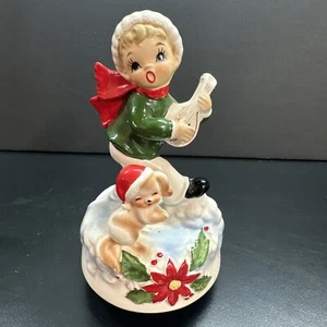 Caja de música navideña vintage de cerámica Lefton niño con laúd y perro RARA - Imagen 1 de 7