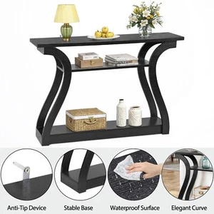 Wood Console Table 3 Tier Modern Accent Sofa Table with Curved Leg & Shelf Black - Picture 1 of 21