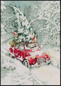 INGE LÖÖK / POSTKARTEN / FRAUEN UND WEIHNACHTSBAUM IM AUTO / POSTCARD / 25 - Bild 1 von 4