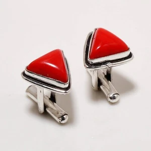 Red Coral Gemstone 925 Silver Handmade Jewelry Cufflinks - Picture 1 of 2