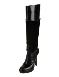 Gucci Black Leather Suede Knee High Platform Boots, US Size 7.5 - Picture 1 of 10