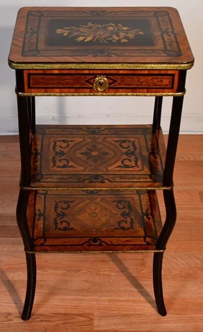 1880s Antique French Napoleon III Satinwood Marquetry inlay Vanity / side table Cover