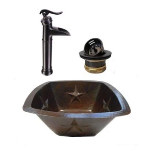 Fregadero de barra de cobre cuadrado de 15"" con diseño ESTRELLAS con drenaje y grifo ORB de 13 - Imagen 1 de 5