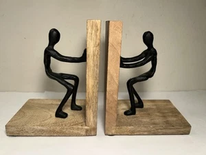 Wood Bookends Metal Iron Men Pushing Forward Sculpture 7" - Picture 1 of 19