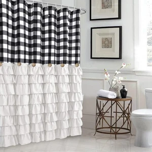 White Ruffle Farmhouse Shower Curtain Set with 12 Hooks 72 X 72inch Black and... - Picture 1 of 7