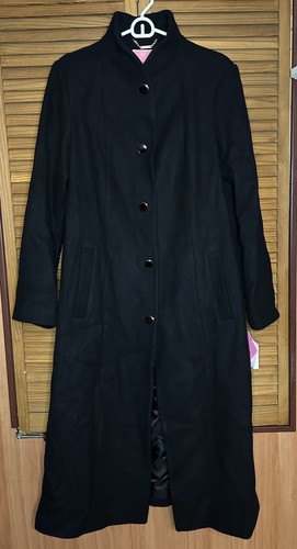 Trench Kate Spade New York nero misto lana cintura cappotto stand colletto taglia L nuovo con etichette