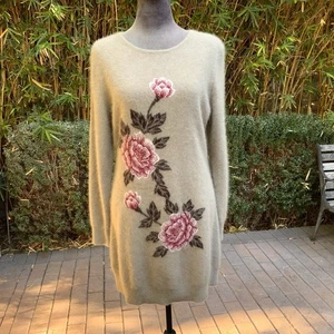 Vintage Soft Angora Sweater Mini Dress Sz M Brown Floral Fluffy Ribbed Cozy - Picture 1 of 21