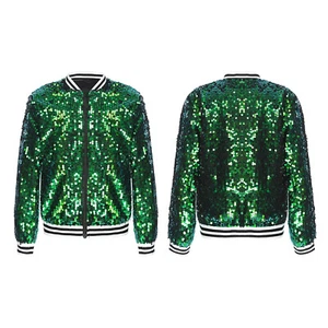 Girls Sequin Bomber Hip Hop Jacket Sparkle Long Sleeve Zipper Baseball Jackets - Picture 1 of 85