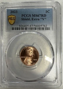MS67 2023 EXTRA ' V ' ERROR VDB V LINCOLN SHIELD PENNY PCGS MS67 RD CENT VARIETY - Picture 1 of 7