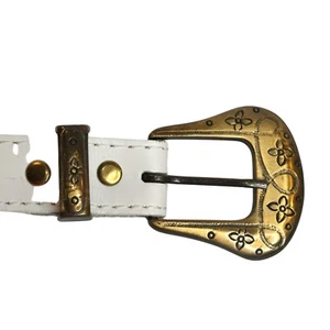 Vintage White Leather Belt With Ornate Brass Buckle By Merlino - Picture 1 of 7