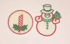 2 Vintage Embroidered Christmas Patches Appliques Snowman Mistletoe Candle - Picture 1 of 3