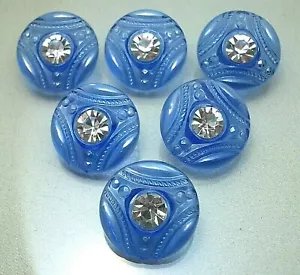 SET OF 6 (SIX) BLUE CZECH GLASS BUTTONS WITH RHINESTONE 9/10" 23 mm - Picture 1 of 4