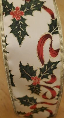 Wire edged Christmas off white with hollies and berries ribbon - Image 1 of 4